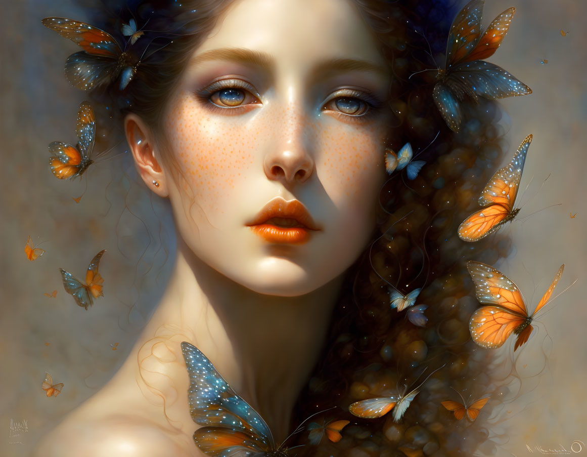 Fair-skinned woman with butterflies, freckles, wavy hair, and blue eyes