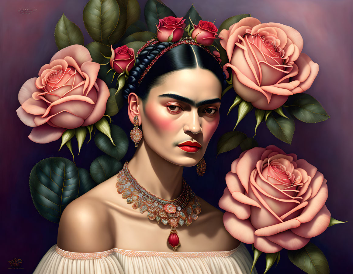 Stylized portrait of woman with prominent eyebrows and roses in hair