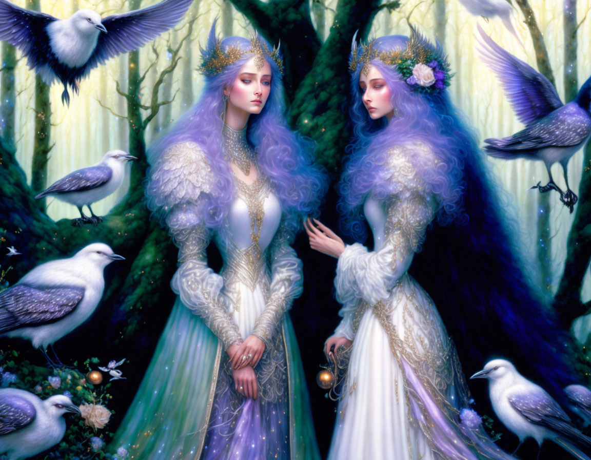 Ethereal women in fantasy gowns with purple hair in mystical forest.