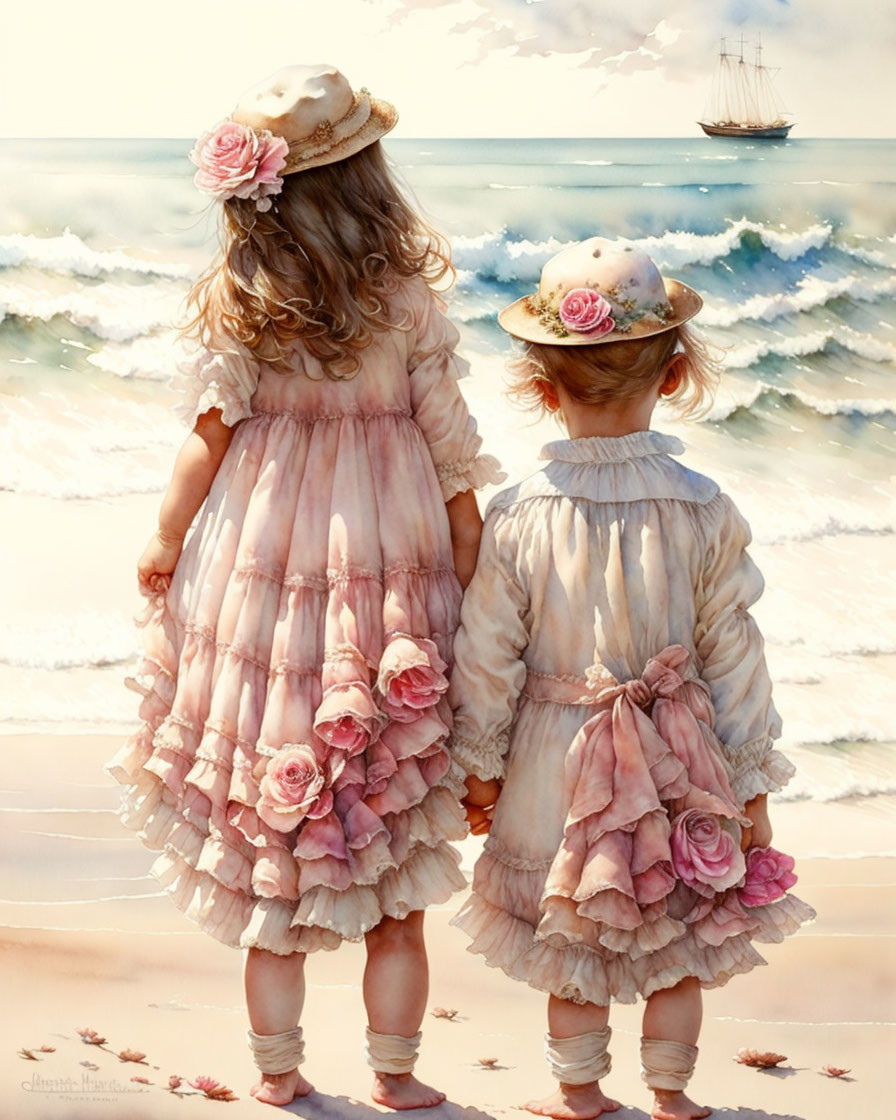 Two young girls in vintage dresses and flower-adorned hats by the sea with a sailboat.