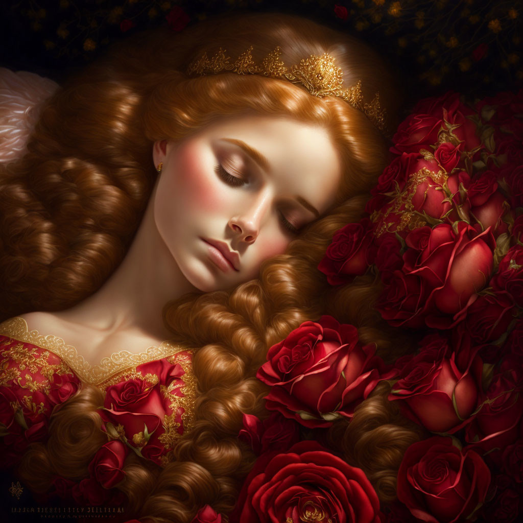 Auburn-haired woman with tiara surrounded by red roses