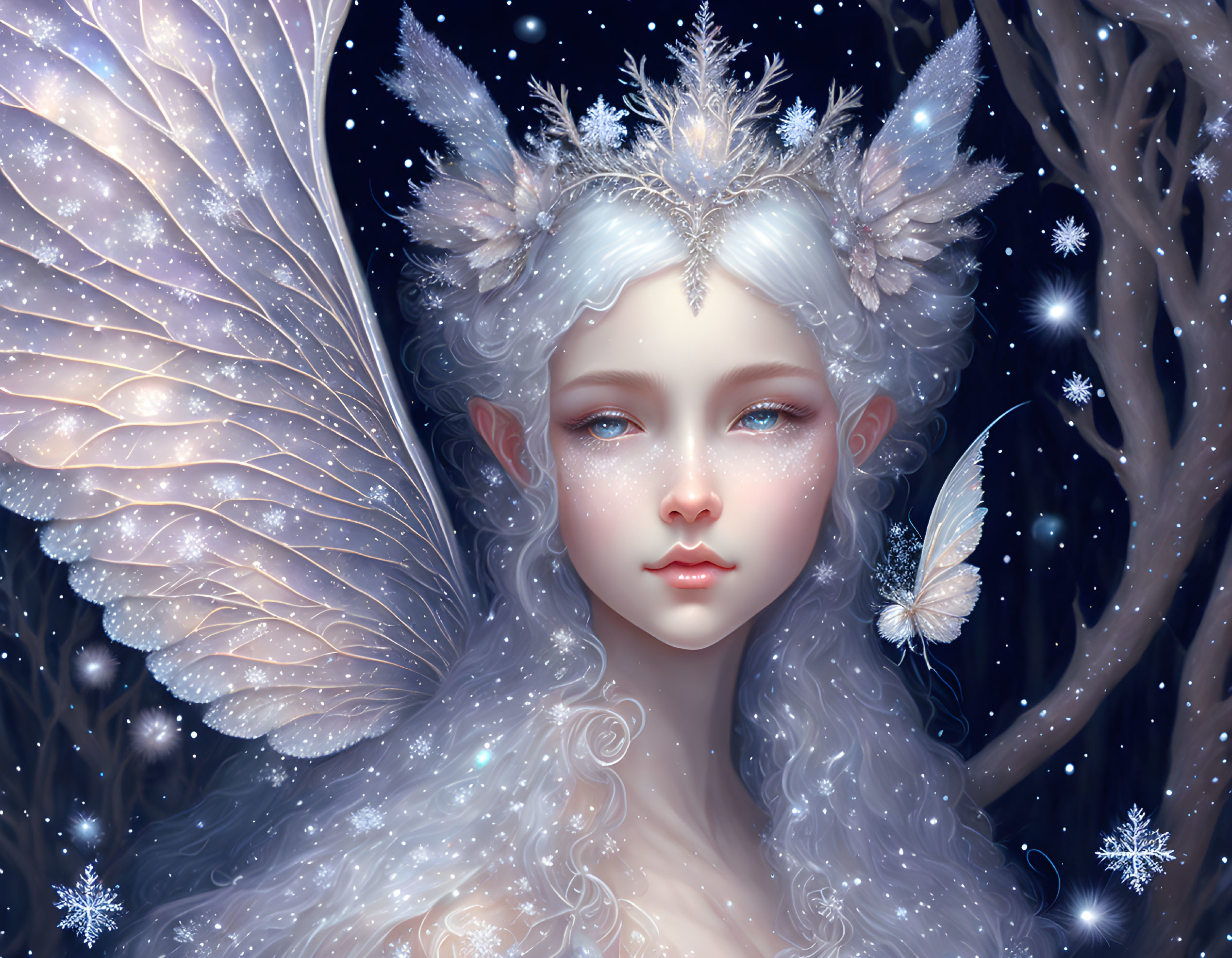 Serene fairy with ice crystal crown in snowy scene