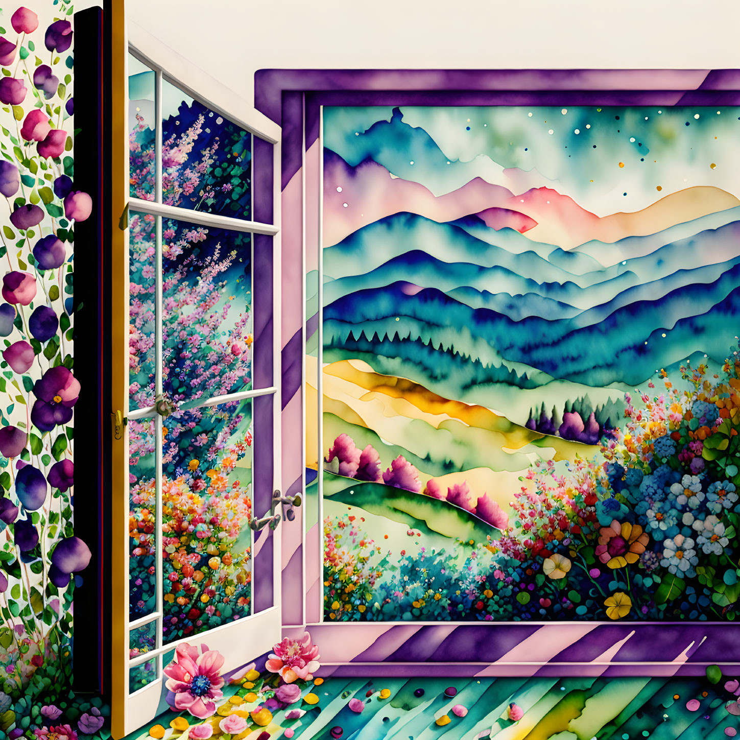 Colorful Fantasy Landscape Through Open Window with Flowers