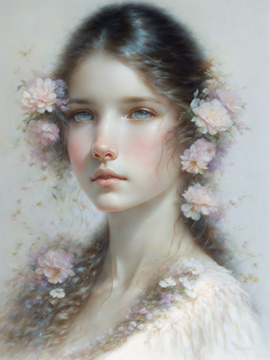 Young woman portrait with floral hair, soft features, and serene expression