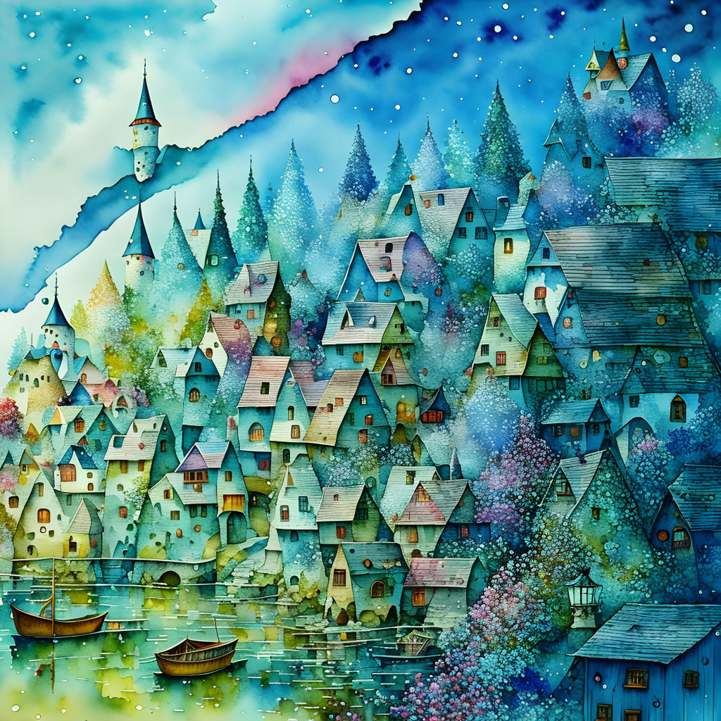 Colorful Watercolor Painting of Village, Castle, and Boats at Night