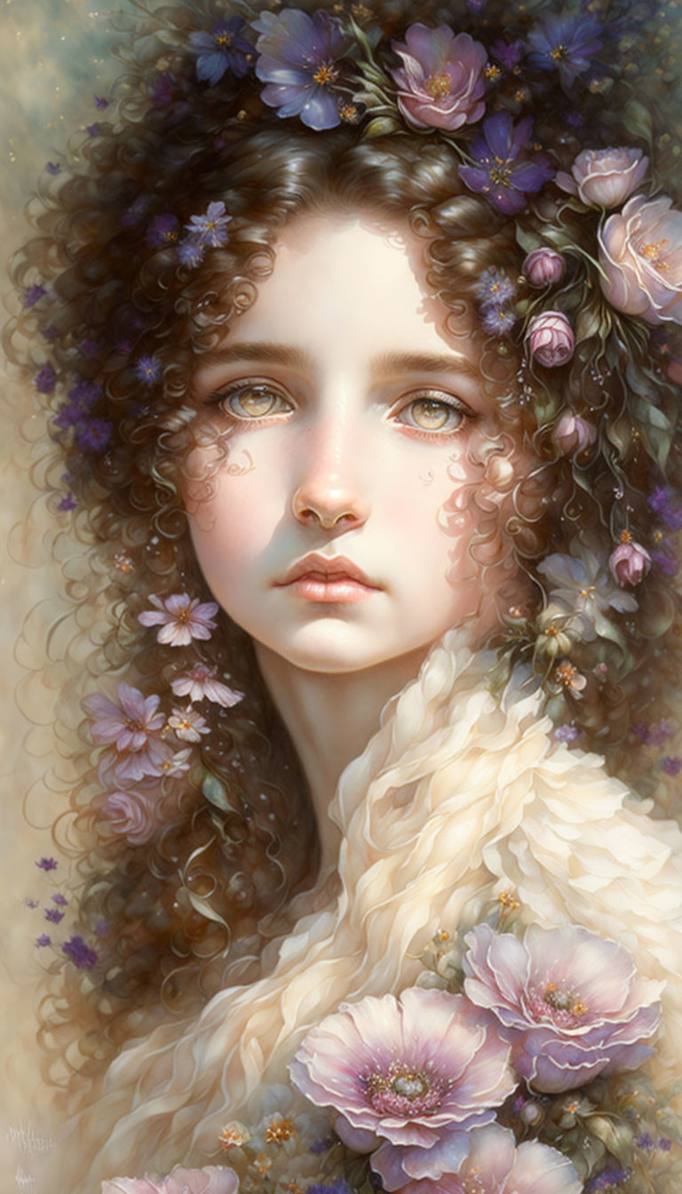 Portrait of a girl with curly hair, purple flowers, blue eyes, and cream scarf