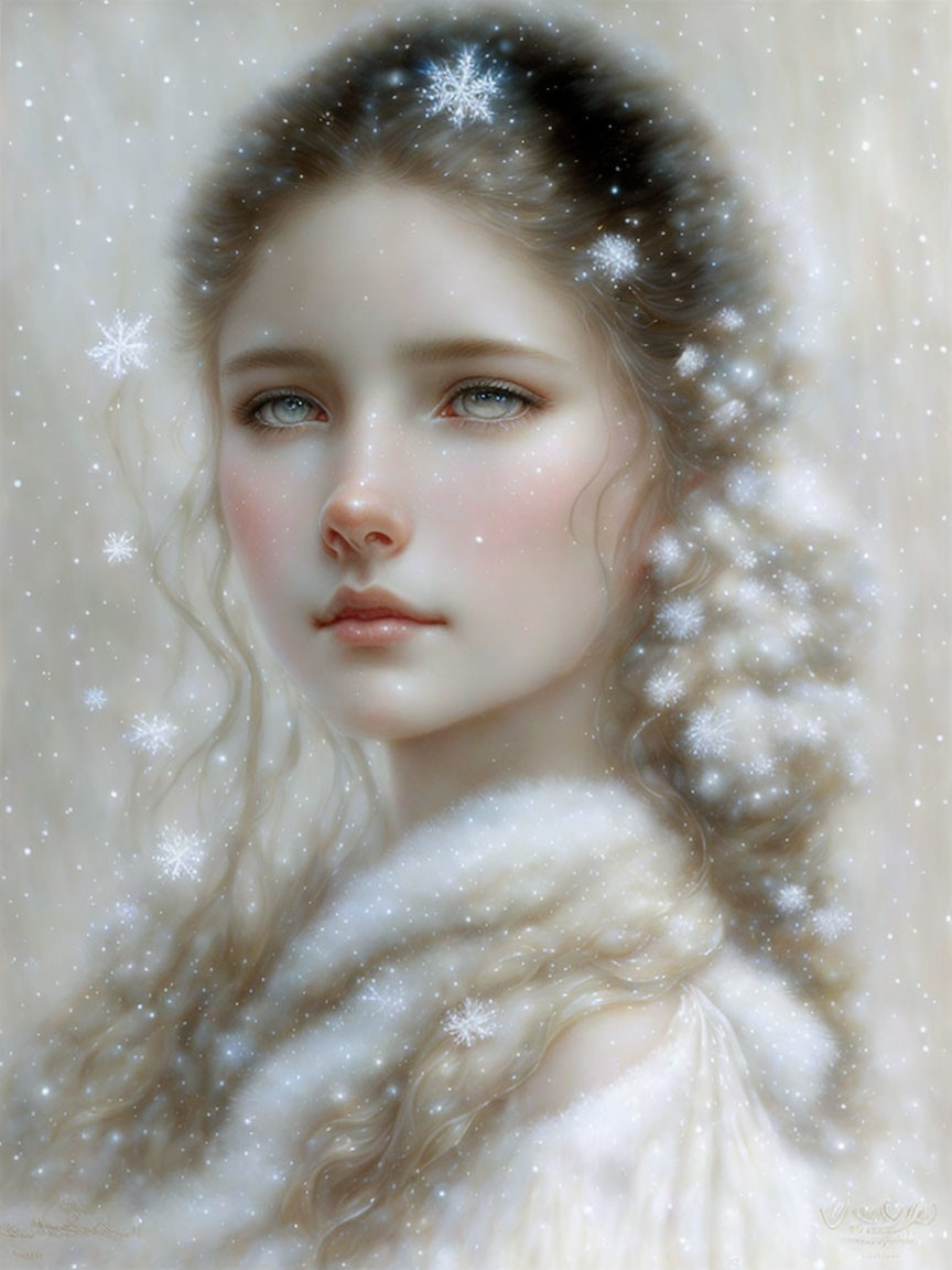 Portrait of young woman with pale skin, blue eyes, and wavy hair in white fluffy garment with