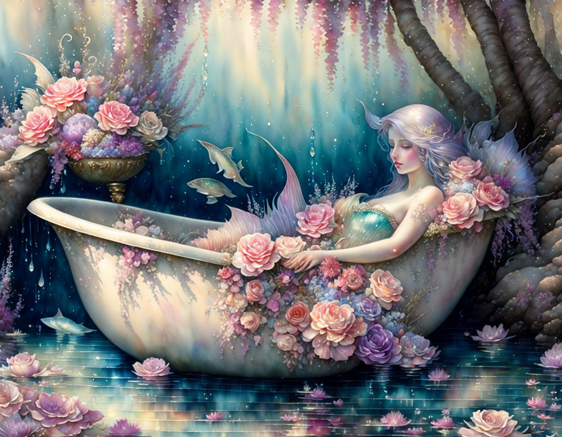 Woman with elfin features in floral bathtub in serene pond