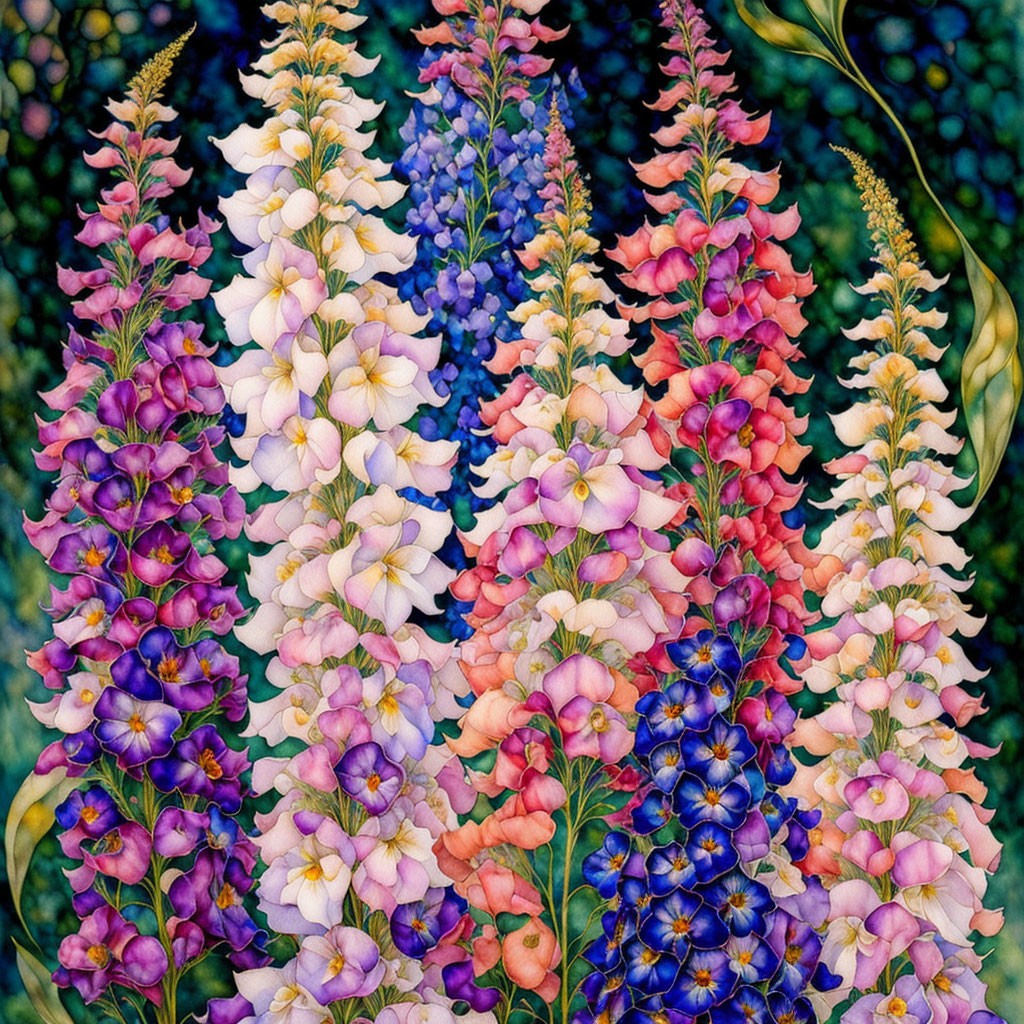 Colorful Delphinium Flowers on Dark Leafy Background