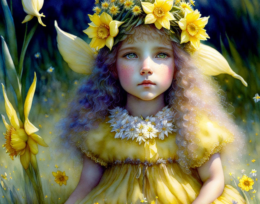 Digital Artwork: Young Girl in Flower Crown & Yellow Dress Among Daffodil Field