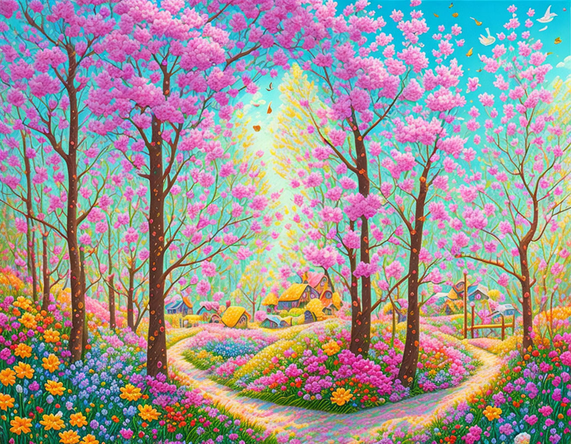 Colorful Cherry Blossom Park Painting with Village and Birds