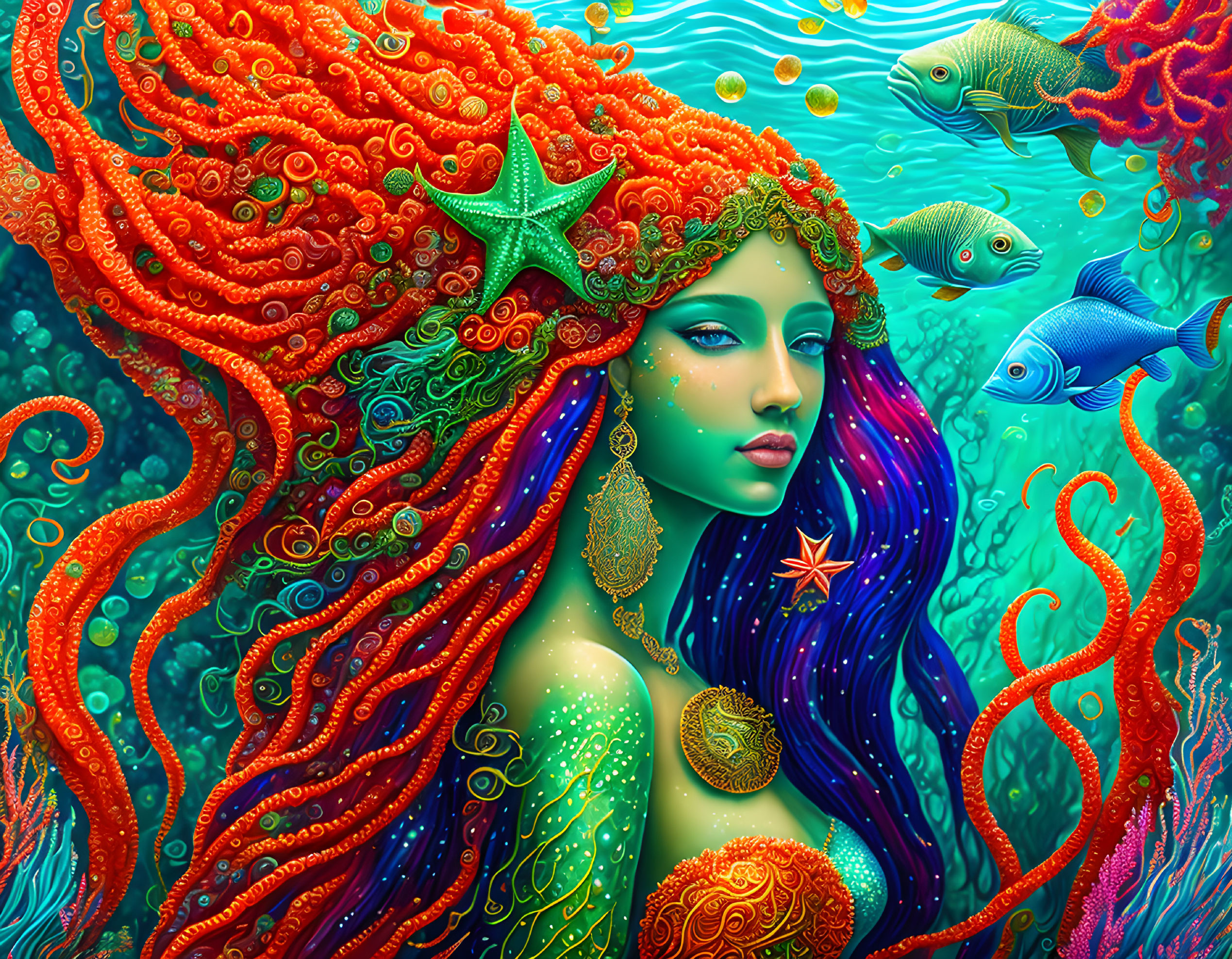 Colorful Mermaid Illustration with Coral Hair and Sea Life Surroundings