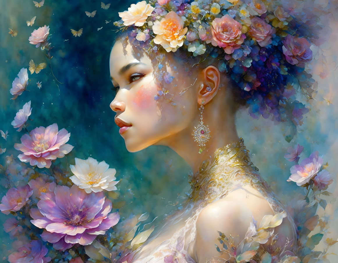 Woman with Floral Crown and Earrings in Dreamy Floral Setting