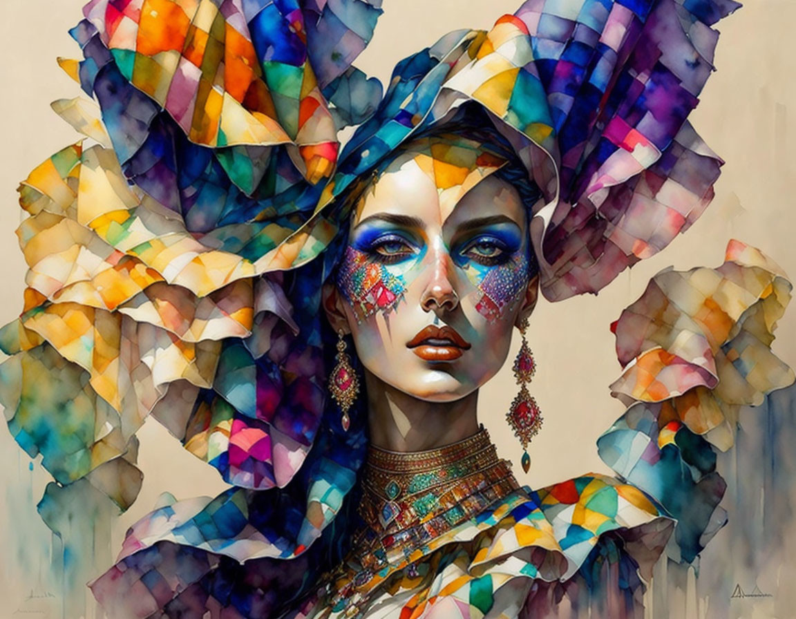 Colorful headgear and blue makeup on woman with jewelry in detailed illustration.