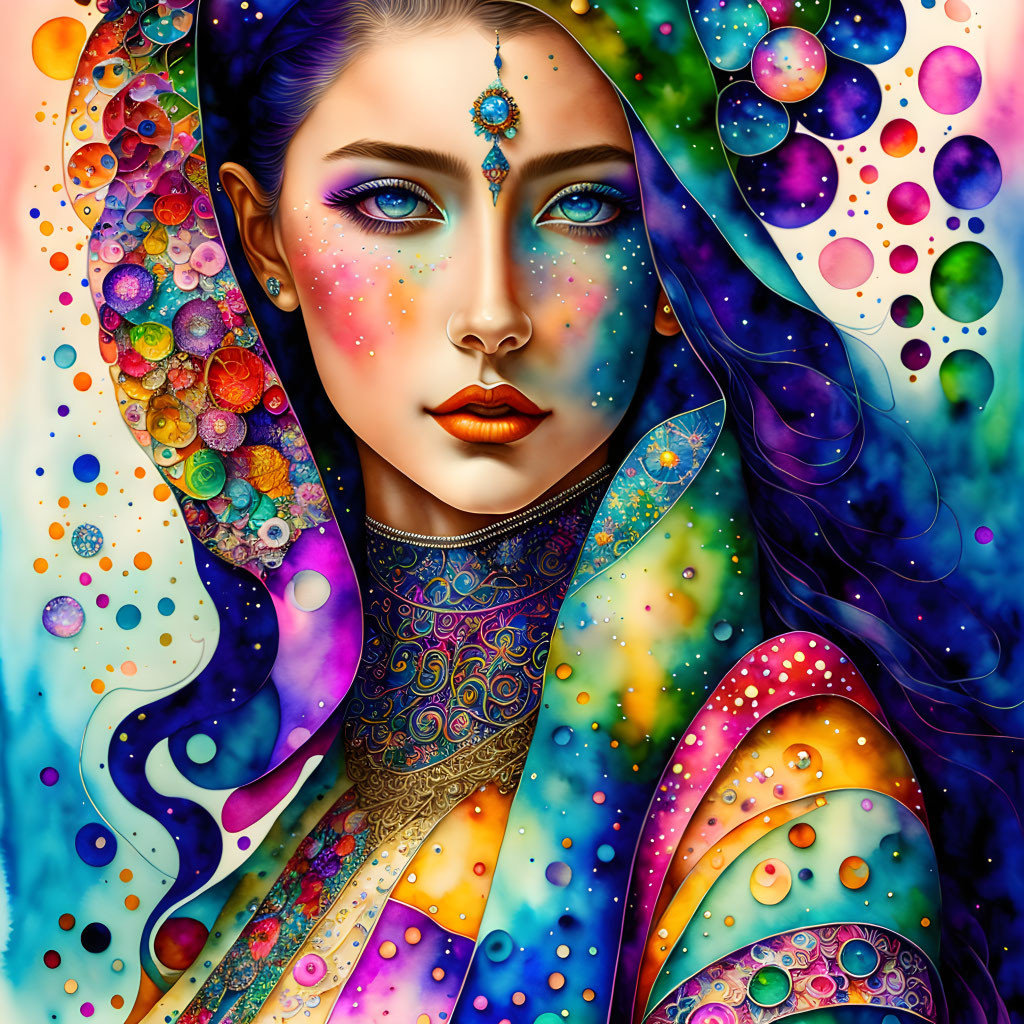 Colorful Portrait of Woman with Blue Eyes in Cosmic-Inspired Attire