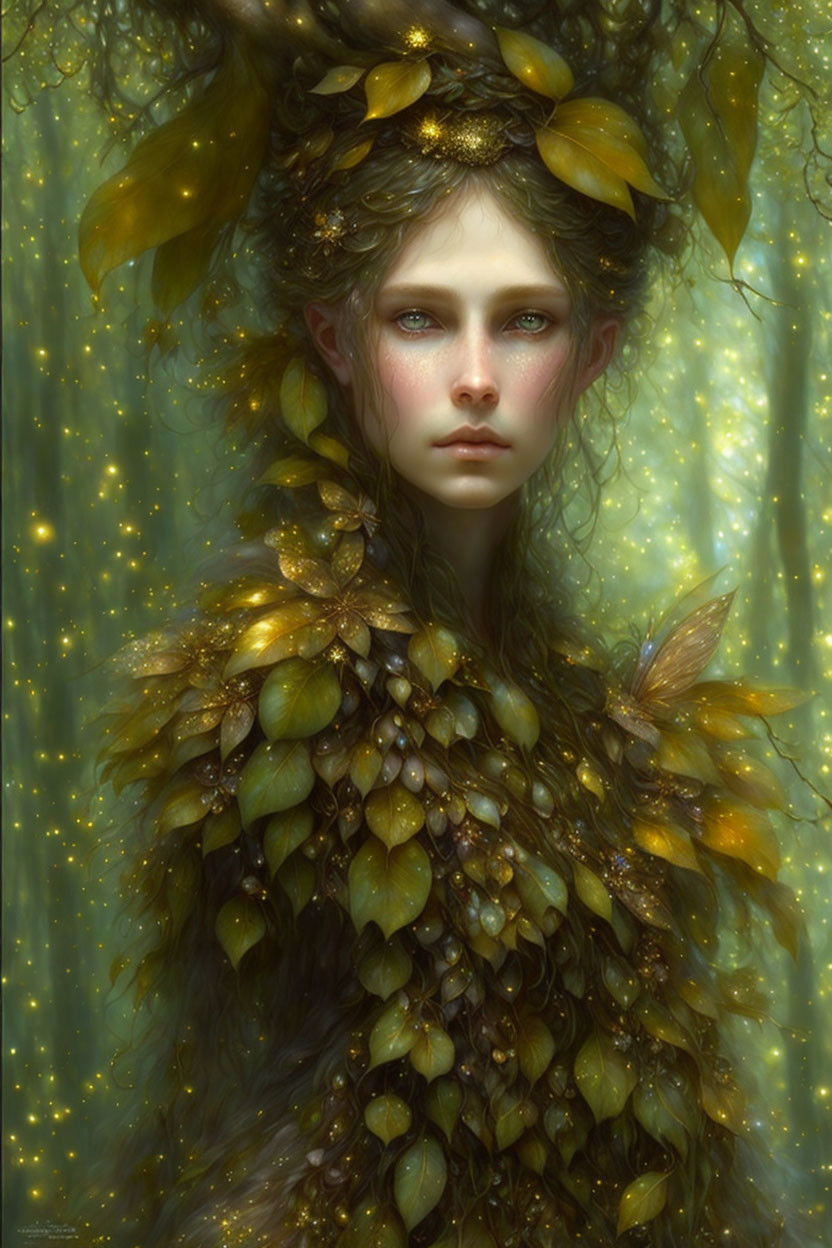 Fantasy female digital portrait with green eyes in leafy attire