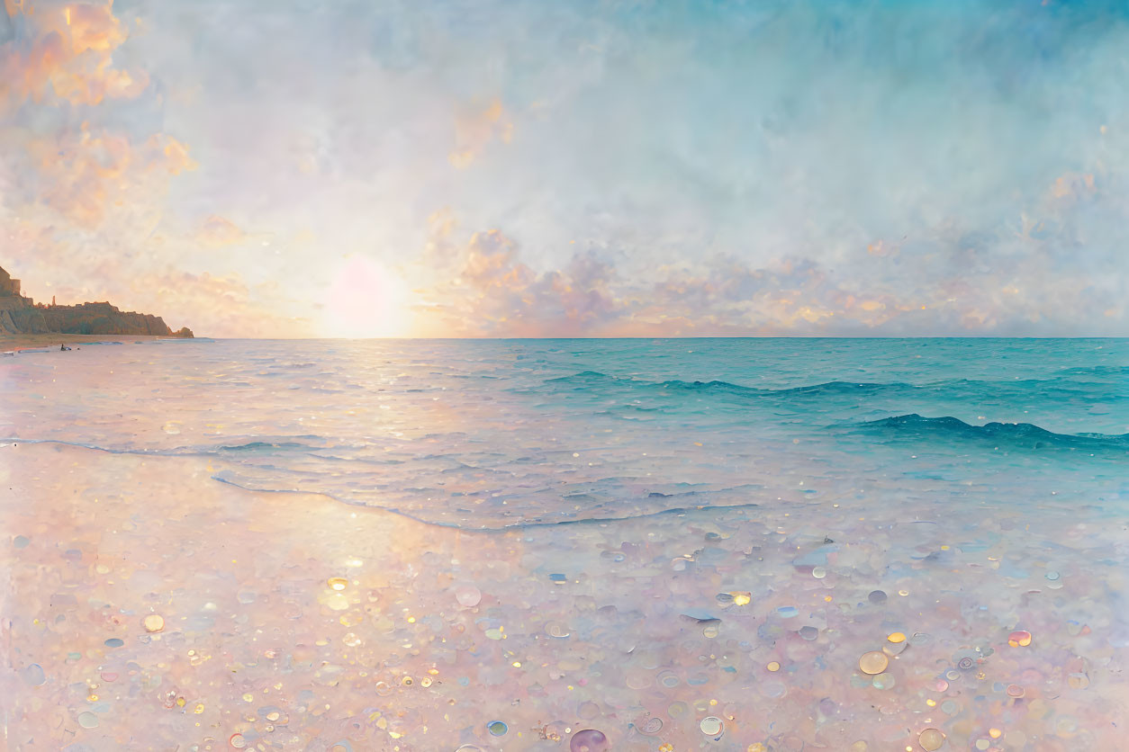 Tranquil beach sunset with warm glow and gentle waves