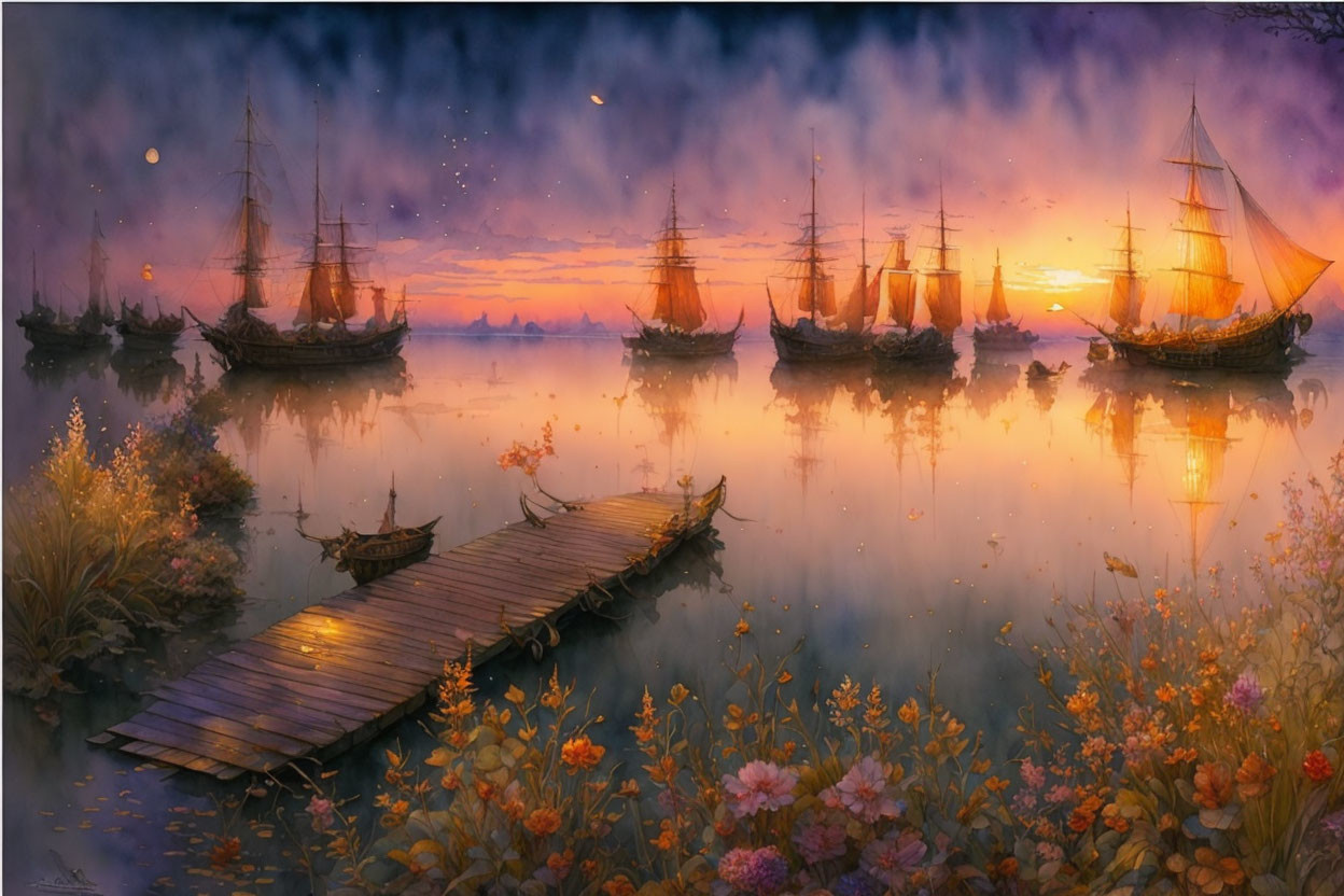 Tranquil sunset harbor with sailing ships, mist, jetty, wildflowers, and calm water