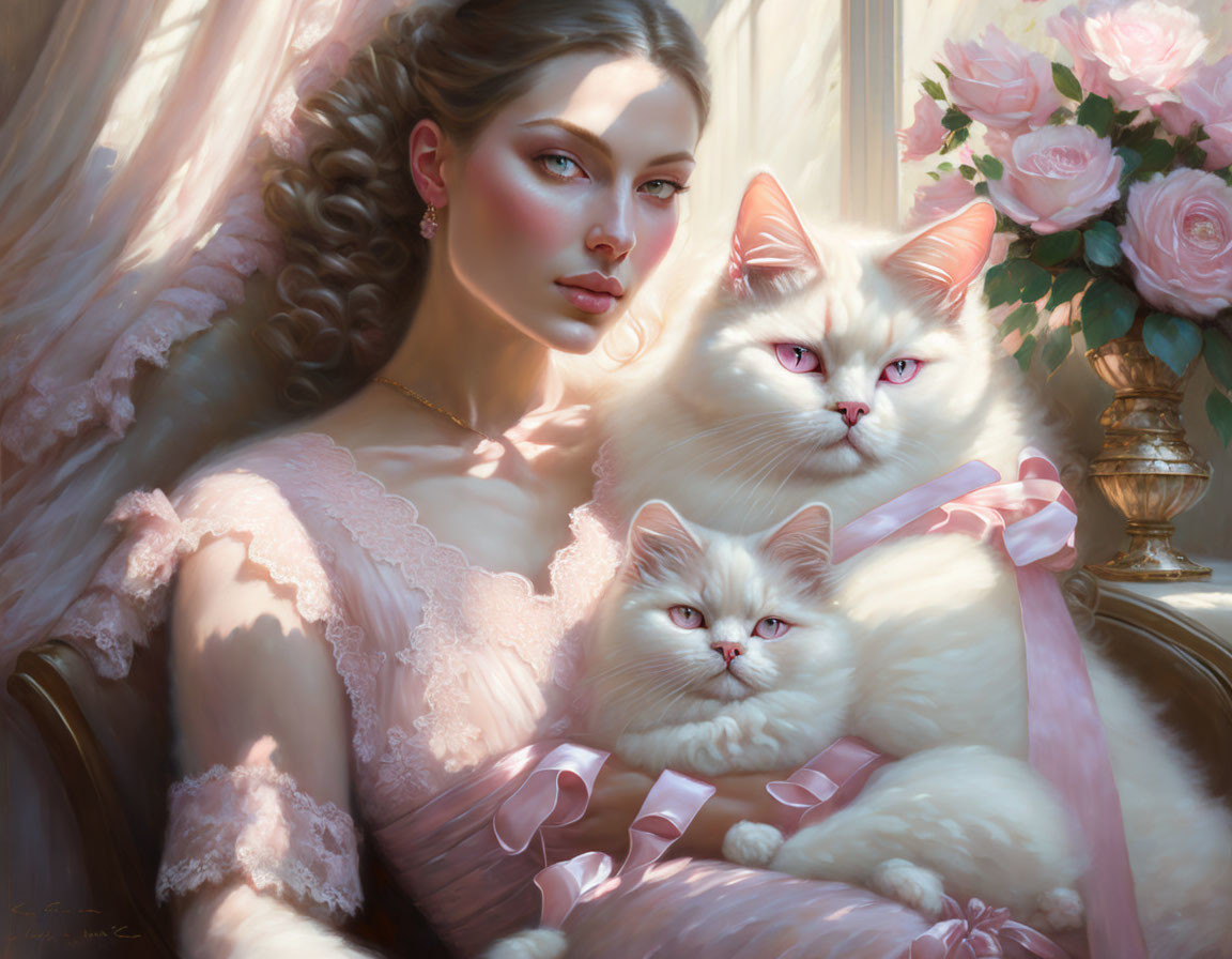 Woman in Pink Dress with Cats and Roses in Soft Light