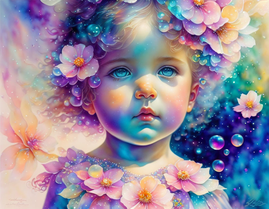 Colorful Artwork Featuring Child with Blue Eyes and Celestial Motifs