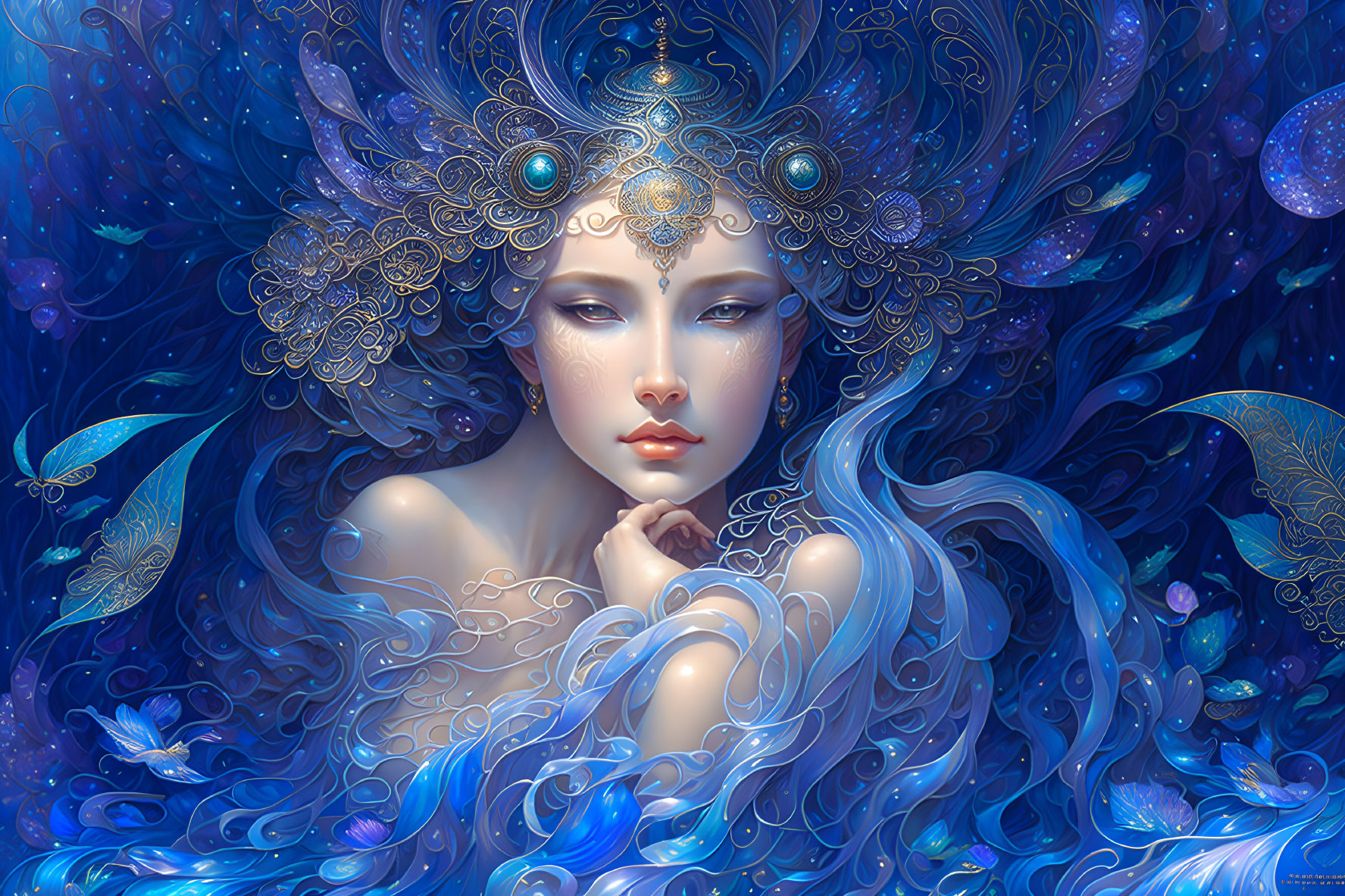 Woman with Blue and Gold Headdress and Ethereal Patterns