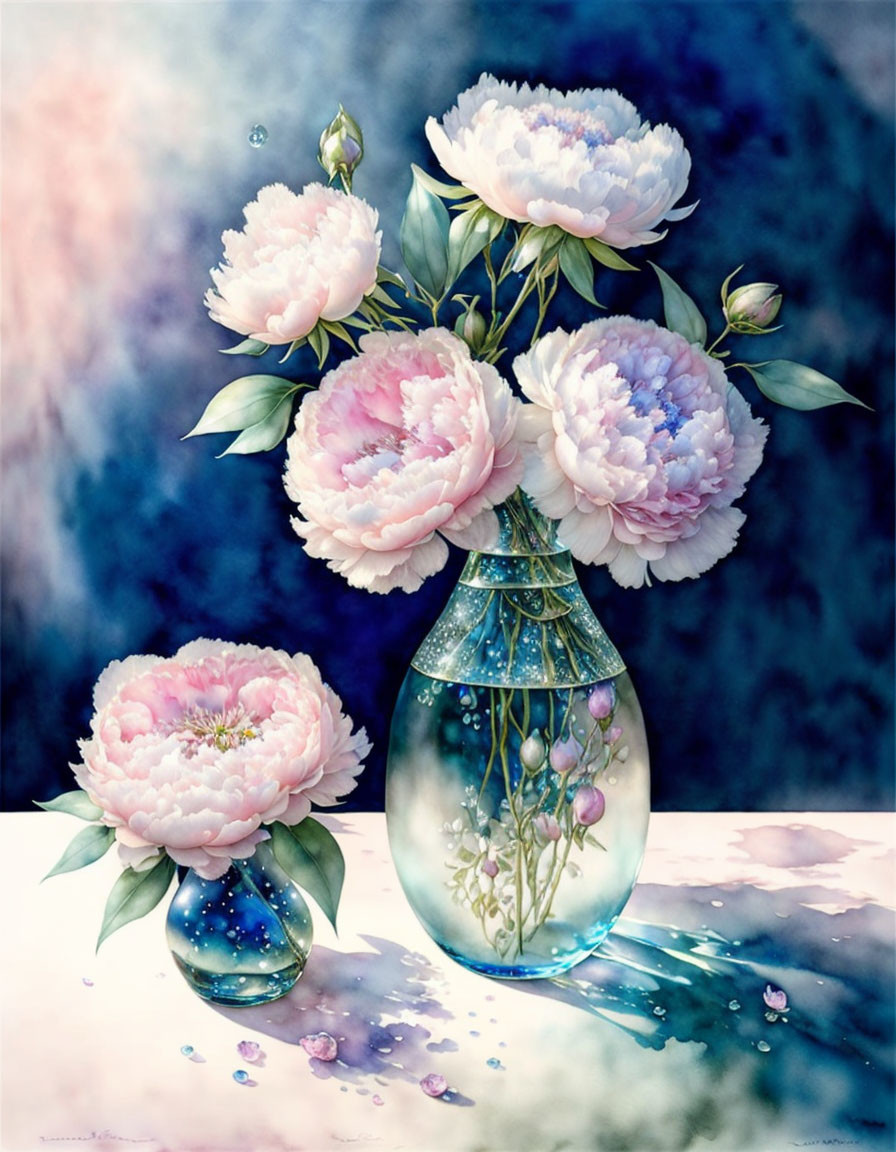 Vibrant pink peonies in translucent blue vase with scattered petals