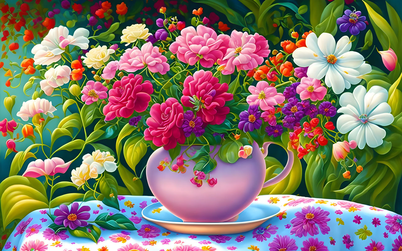 Colorful Flower Painting in Pink Teacup on Floral Background