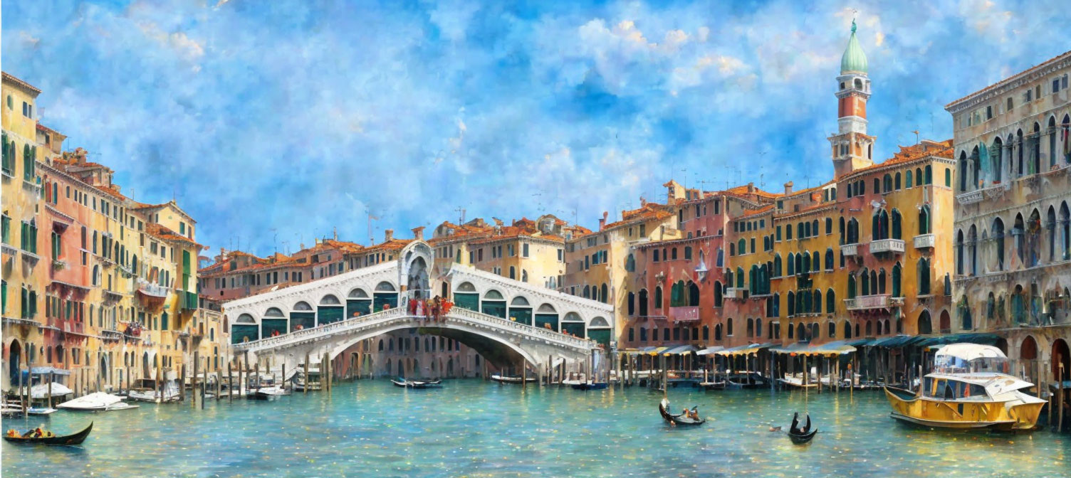 Venice painting: Rialto Bridge, Grand Canal, gondolas, boats, blue sky