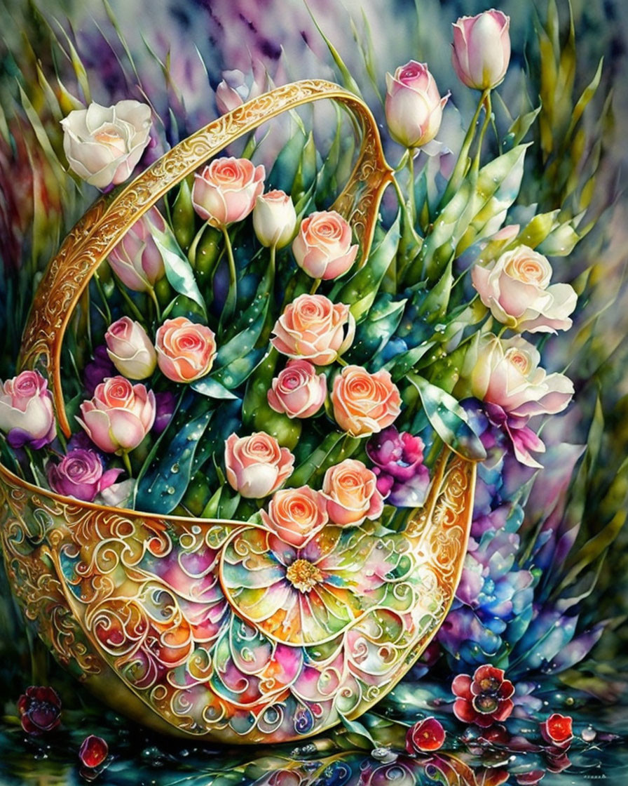 Colorful Painting of Golden Basket with Roses on Textured Background