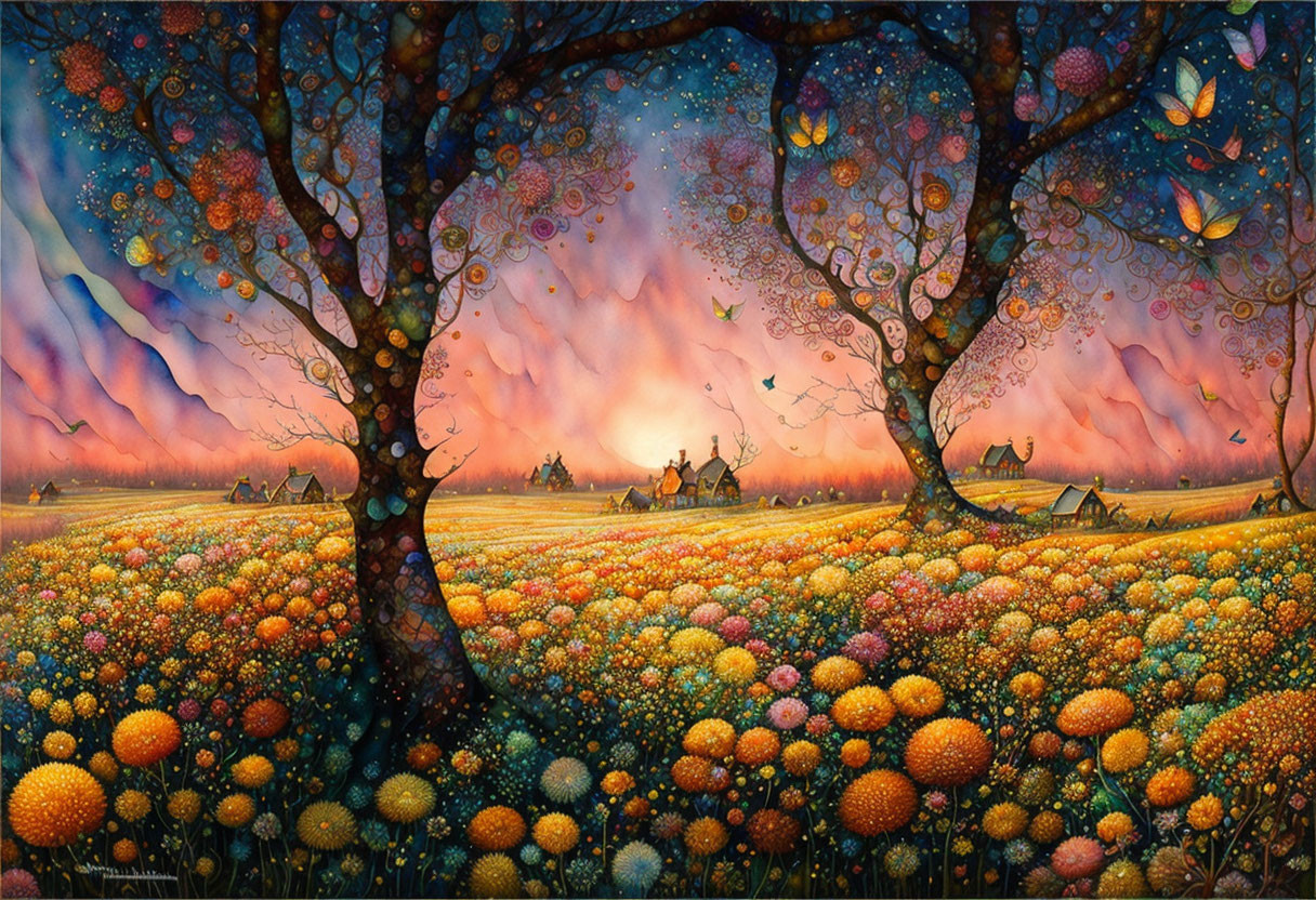 Colorful painting of whimsical trees, butterflies, and flowers under a dramatic sunset sky