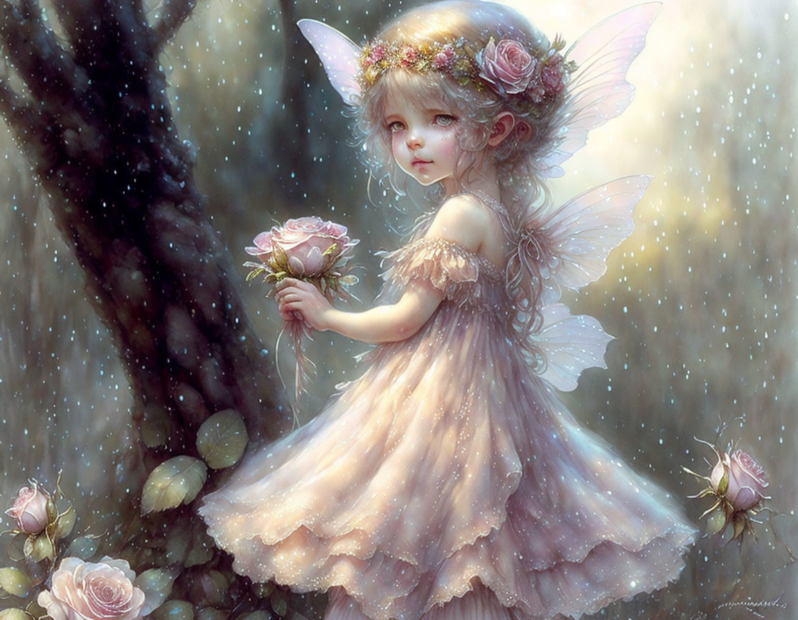 Young fairy with delicate wings admires rose in misty grove