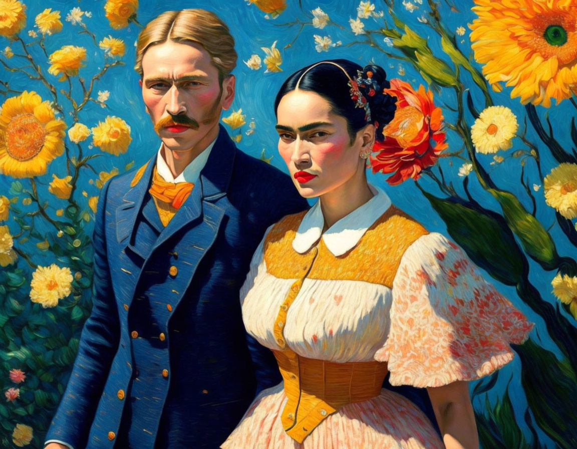 Figures resembling Frida Kahlo and Vincent Van Gogh in sunflower backdrop