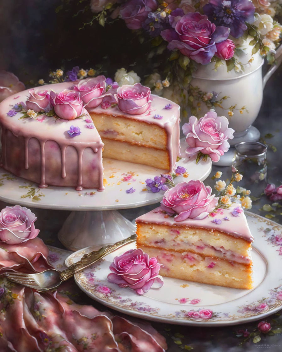 Layered Cake with Pink Icing and Floral Decor on Plate