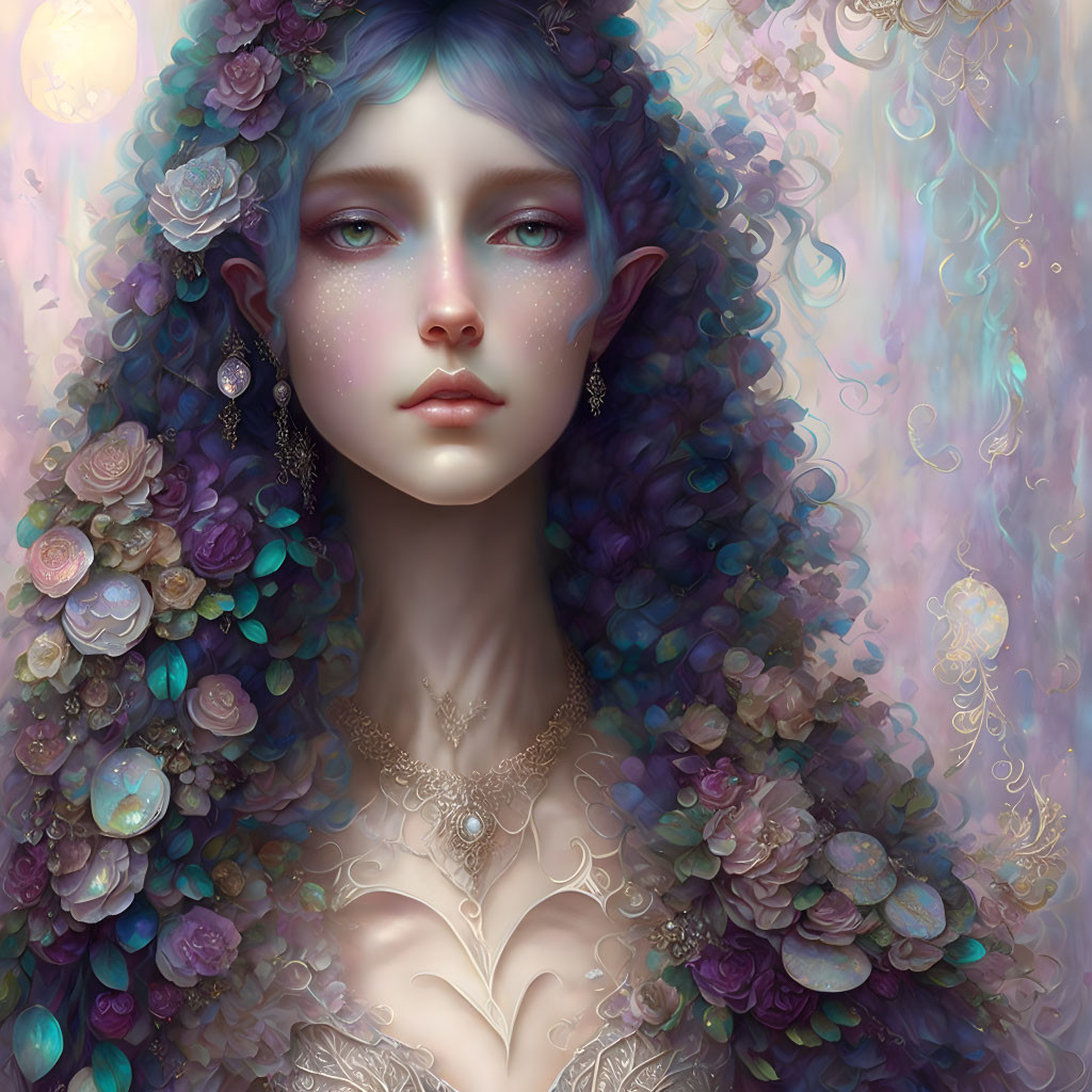 Ethereal figure with pointed ears in lush, colorful flower setting