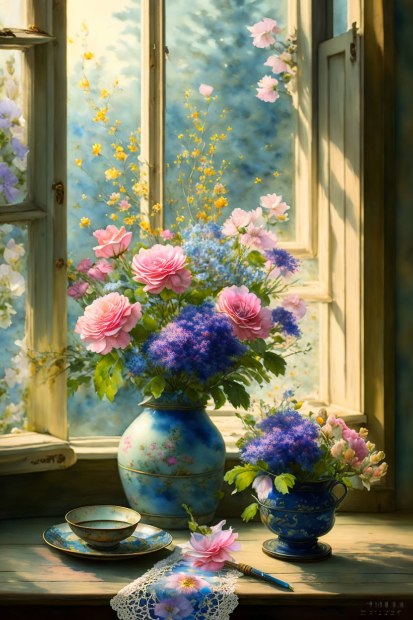 Tranquil still life with pink and purple flowers in vase by sunlit window