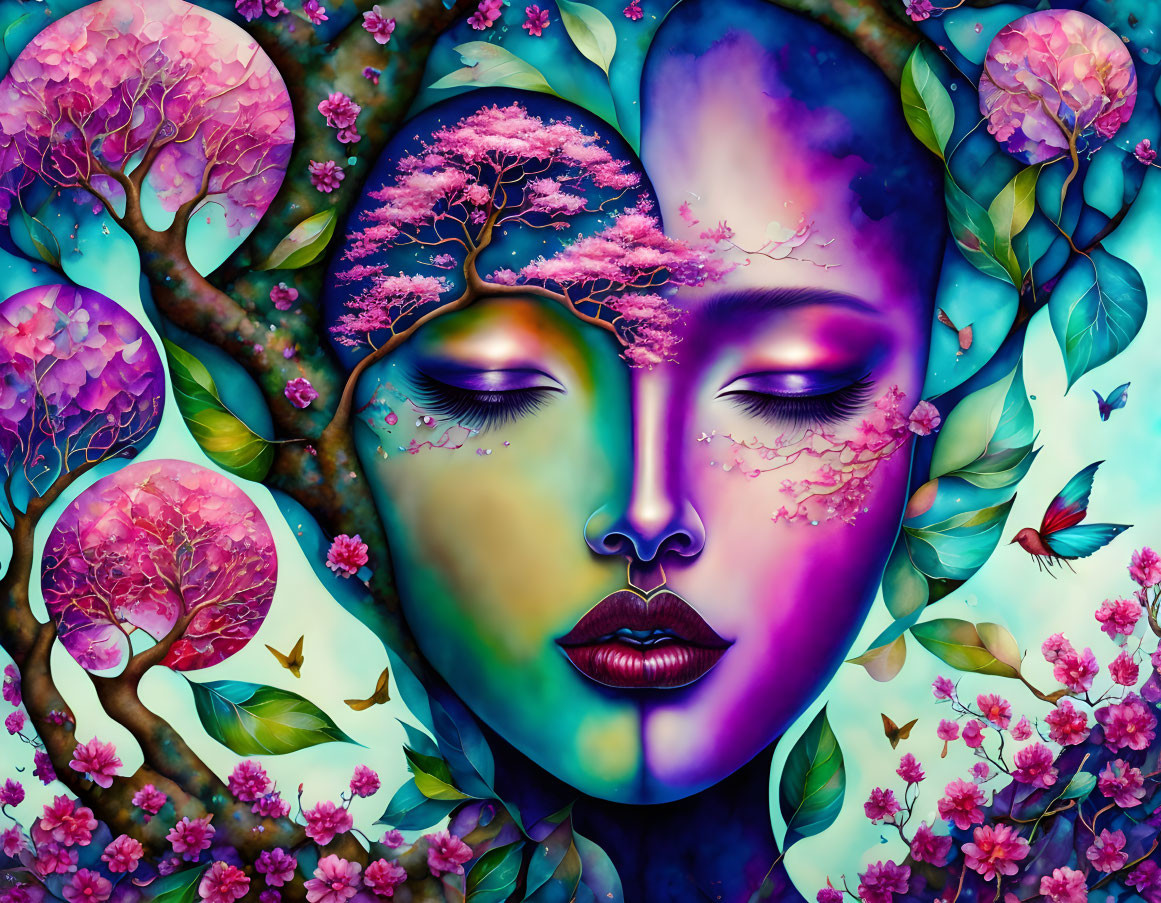 Colorful dual-faced entity with tree branches and blossoms, butterflies, and pink foliage.