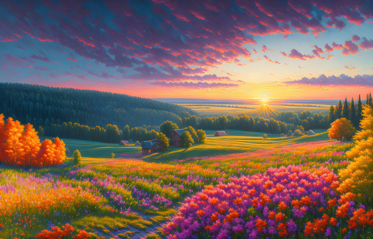 Colorful sunset landscape painting with rolling hills and farmhouse