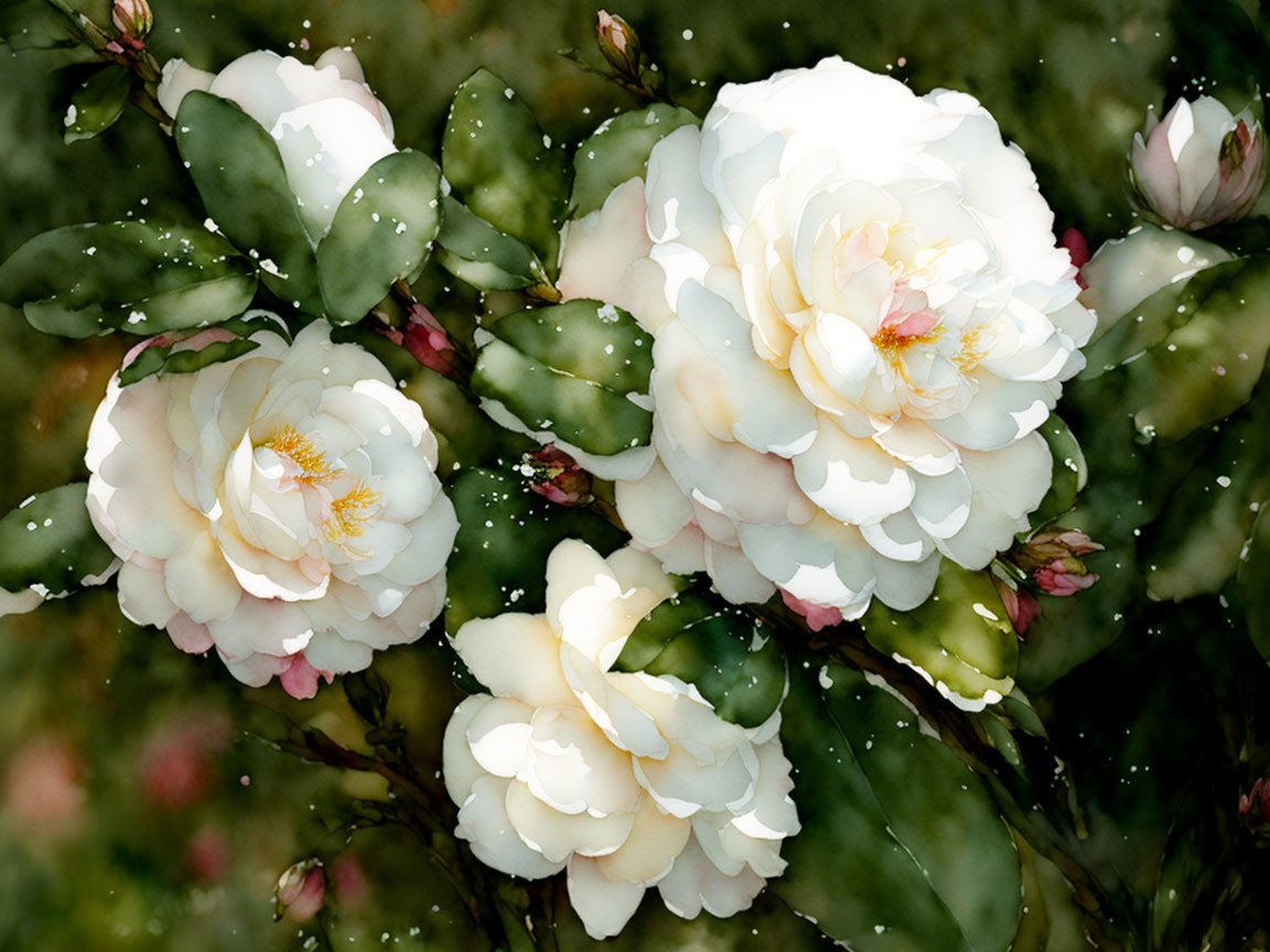 Watercolor illustration of white roses and cactus in dark background