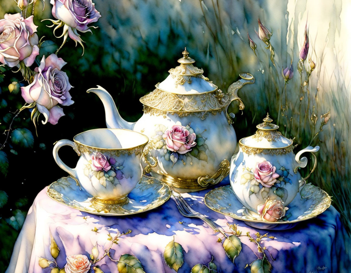 Porcelain tea set with floral design on draped table and surrounded by roses