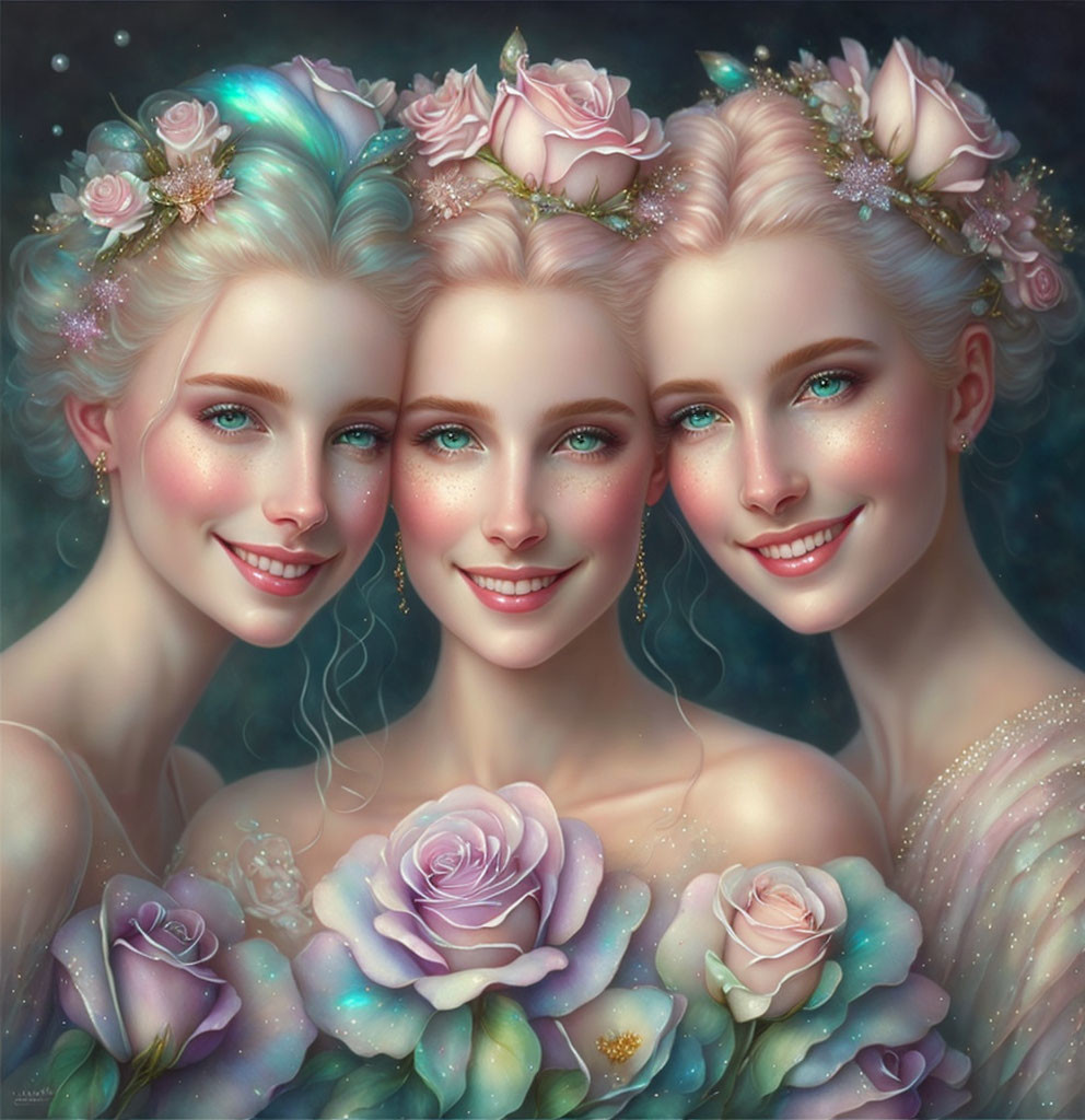 Three women with turquoise eyes, pink roses in blonde hair, smiling on dark backdrop