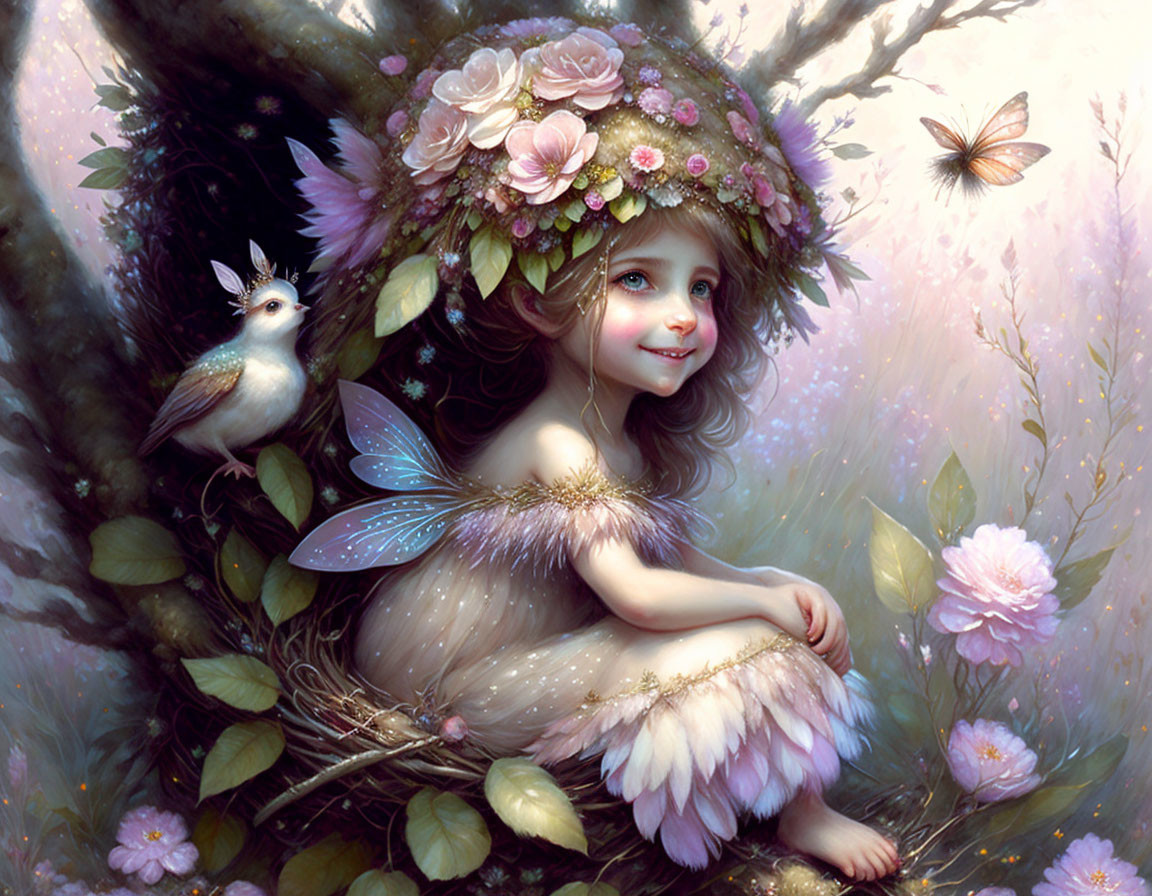 Child with fairy wings and floral wreath beside bird, surrounded by butterflies and flowers