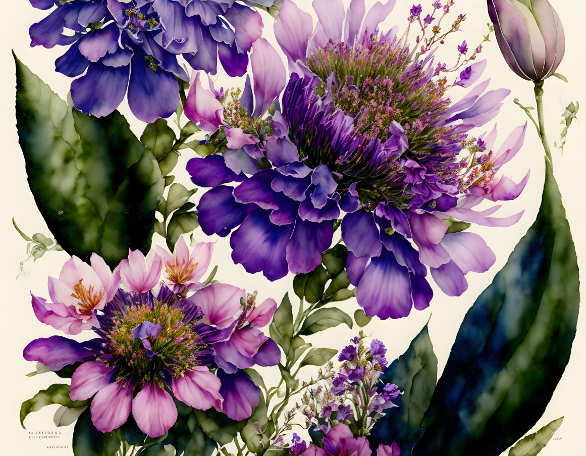 Detailed Botanical Illustration of Purple and Pink Flowers