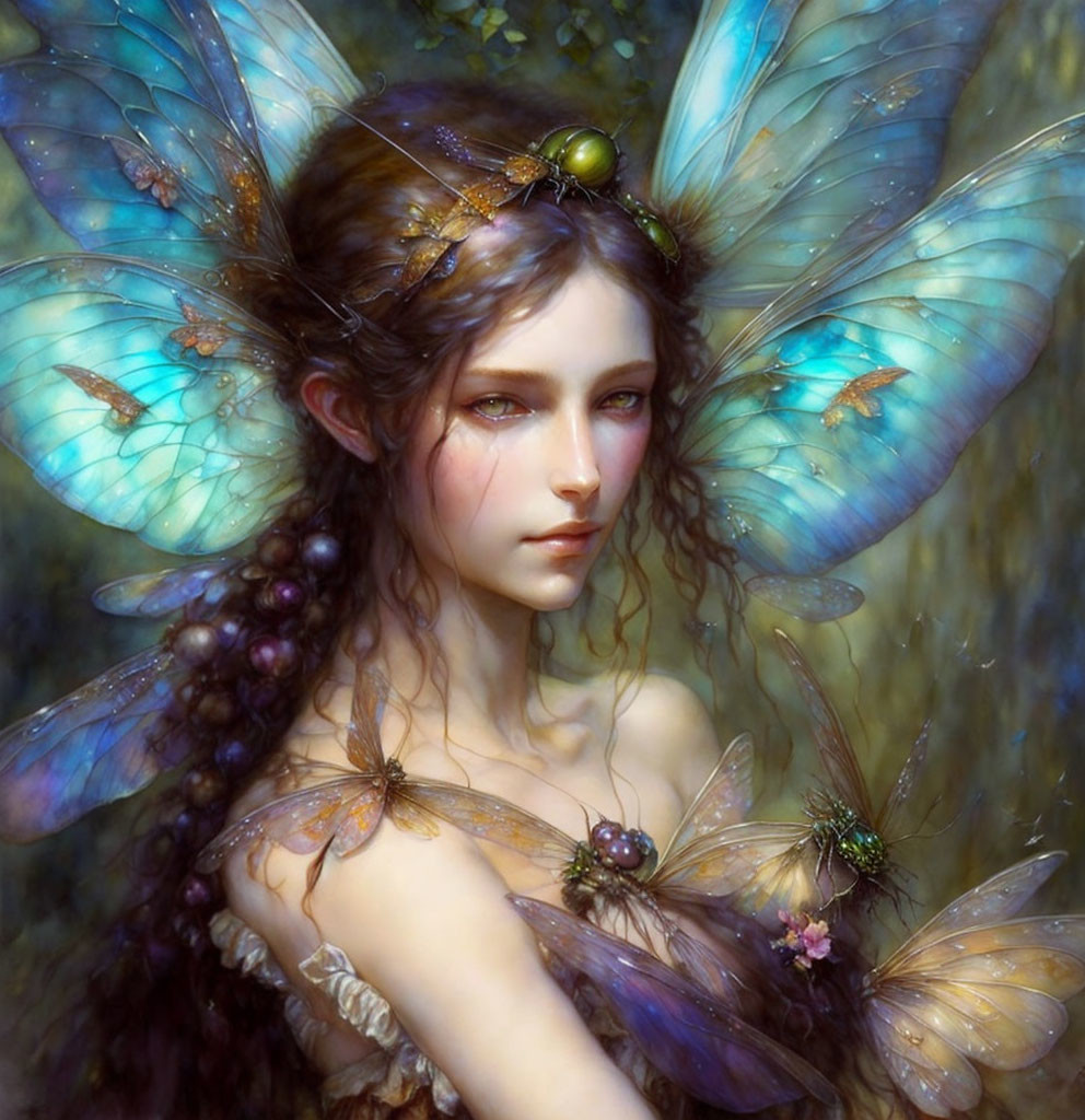 Fantasy painting of young woman with dragonfly wings in serene nature scene