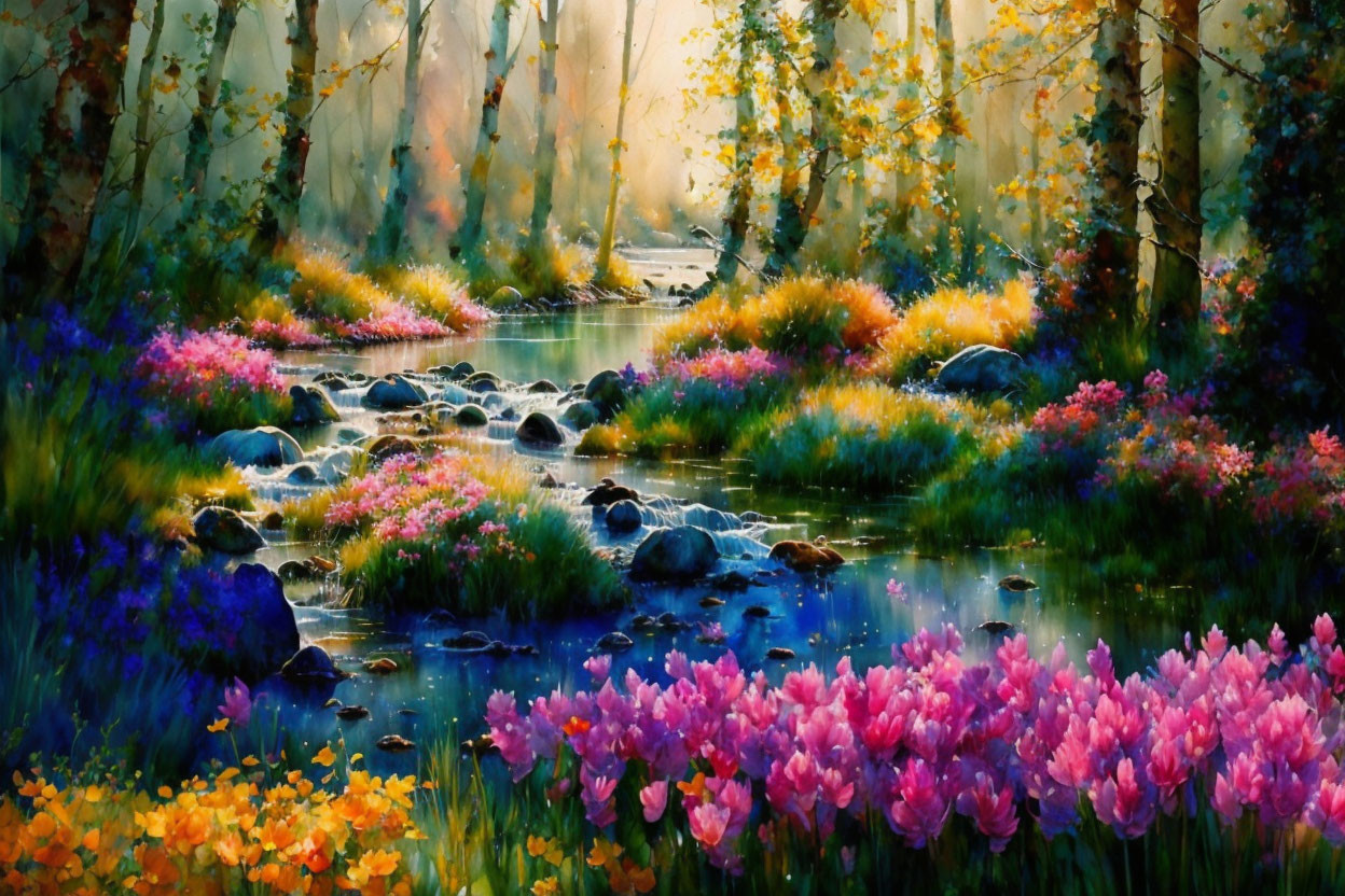 Colorful forest stream painting with bright flowers and sunbeams