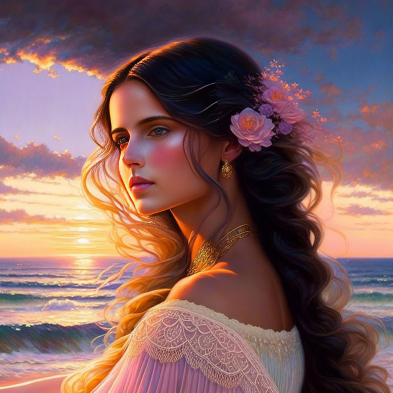 Woman with long wavy hair and flowers gazing at sunset by the ocean