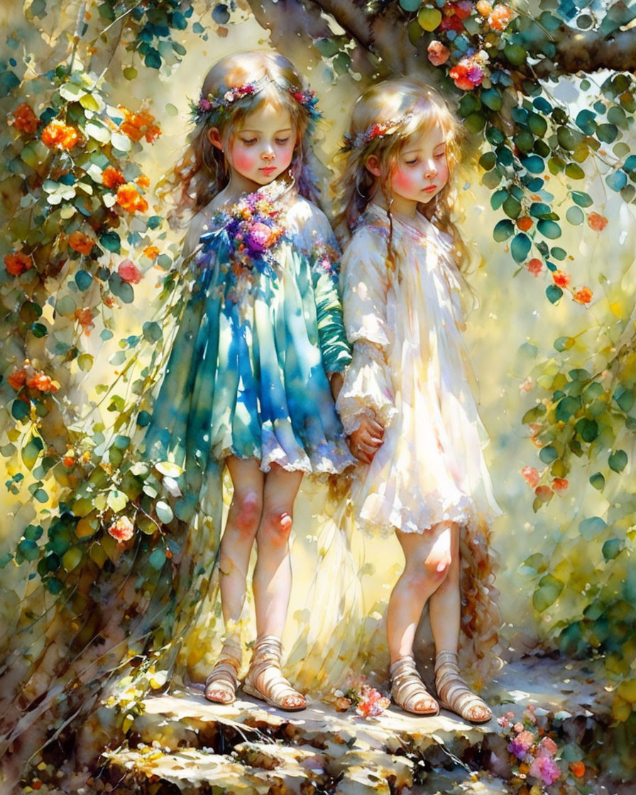 Two young girls in dreamy, flower-filled setting holding hands