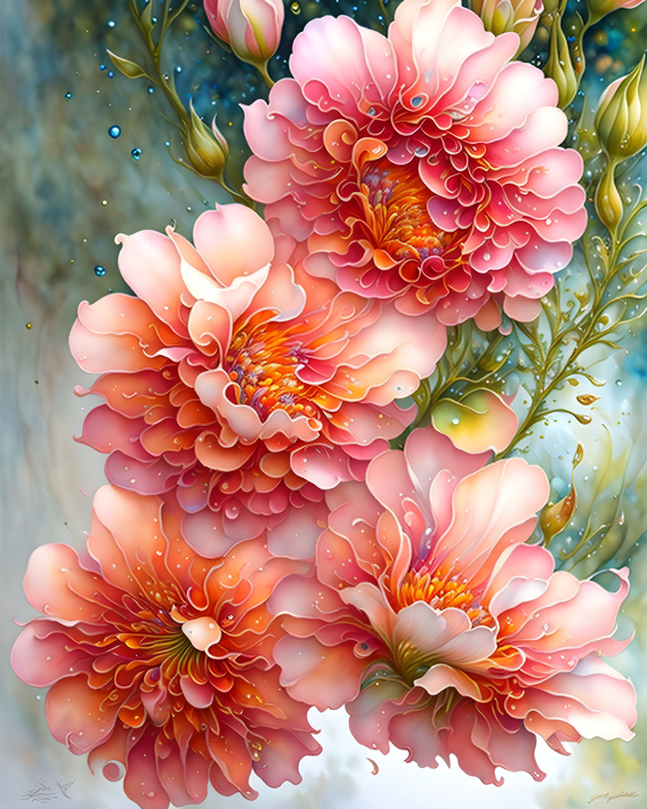 Colorful digital painting of lush pink and orange peonies on a soft blue background.