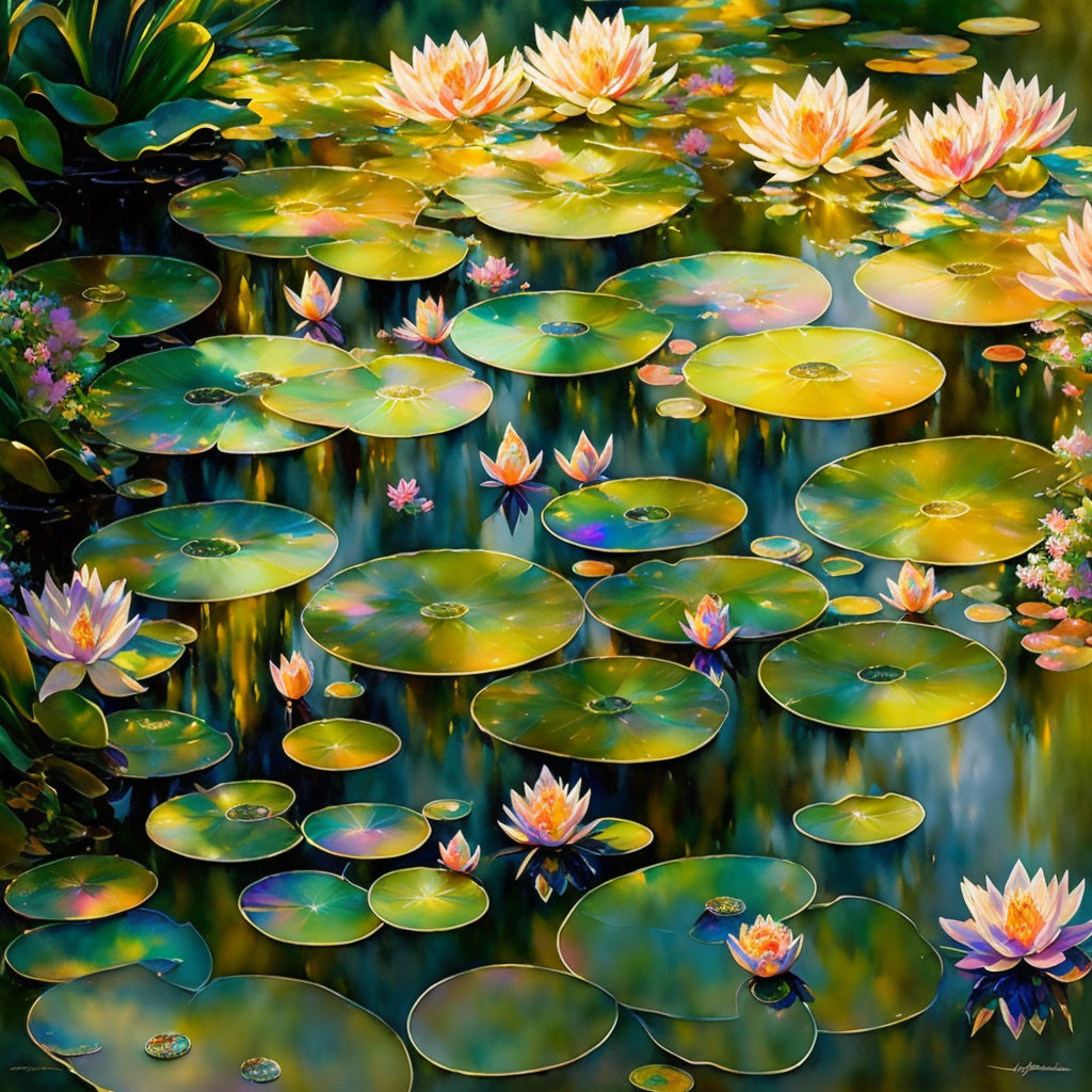 Pink and White Water Lilies Painting with Green Lily Pads