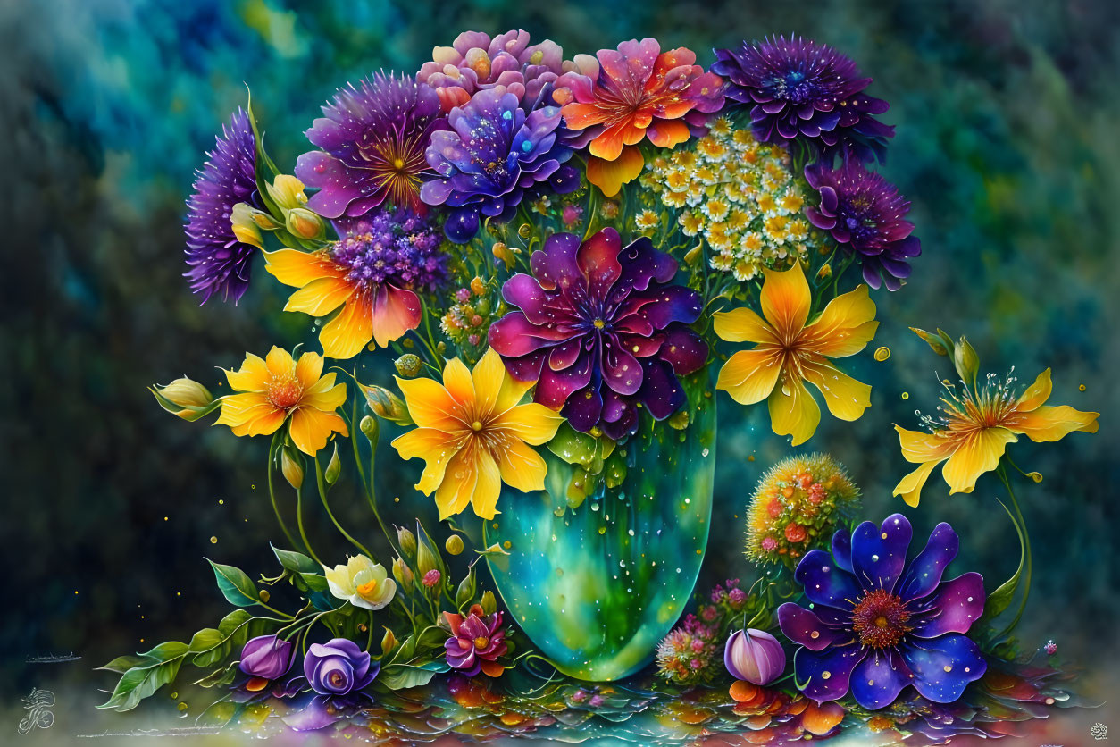 Colorful illustrated flower bouquet with water droplets on blurred background