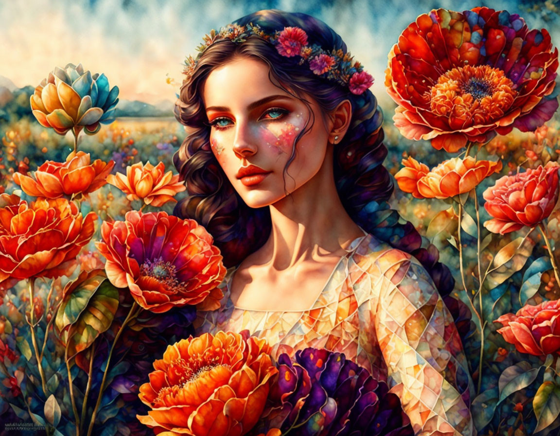 Floral-adorned woman merges with vibrant orange and red flowers